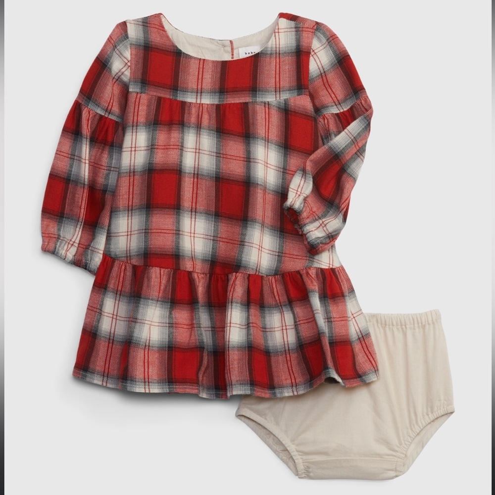 Baby Gap 12-18 month flannel tiered dress in red/birch w/ matching diaper cover